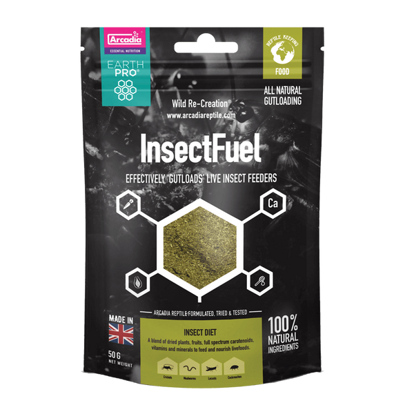 Front of bag: InsectFuel effectively gutloads live insect feeders. 100% natural ingredients.