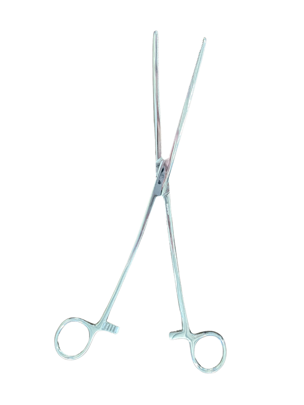 Curved, locking hemostat in open position.