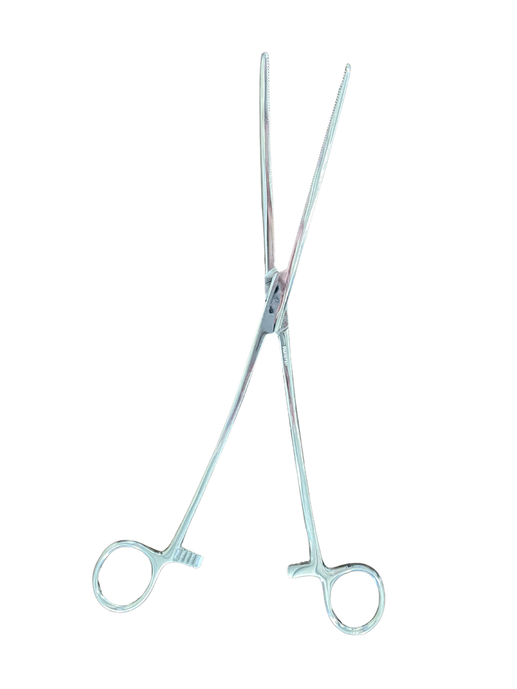 Curved, locking hemostat in open position.