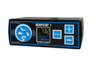 The image shows a Herpstat 1 SpyderWeb temperature control unit with a color LCD display, showing temperature settings and other information on the screen. The unit is black with blue accents and has various control buttons and a power symbol displayed.