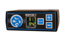 The image shows a Herpstat 2 Spyderweb temperature control unit with a blue and black color scheme, featuring a digital display and control buttons.