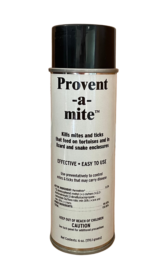 Front of spray can: Kills mites and ticks that feed on tortoises and in lizard and snake enclosures.