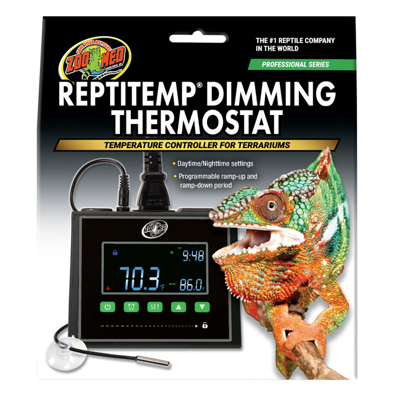 Zoo Med Reptile Terrarium Thermostat packaging with a chameleon illustration on a white background