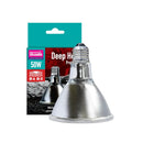 Packaging and product image of a 50-watt deep heat projector lamp for reptiles, showing the lamp, packaging box, and a graphic representation of its use.