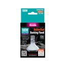 A product image featuring the Arcadia GoldenSun Basking Flood heat lamp packaging and the lamp itself, which is a clear bulb with a white base, designed to provide ambient heat.